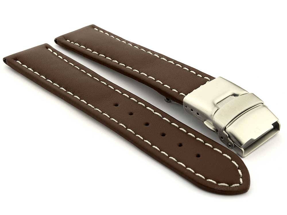 Genuine Leather Watch Strap Band Canyon Deployment Clasp Dark Brown/White 20mm