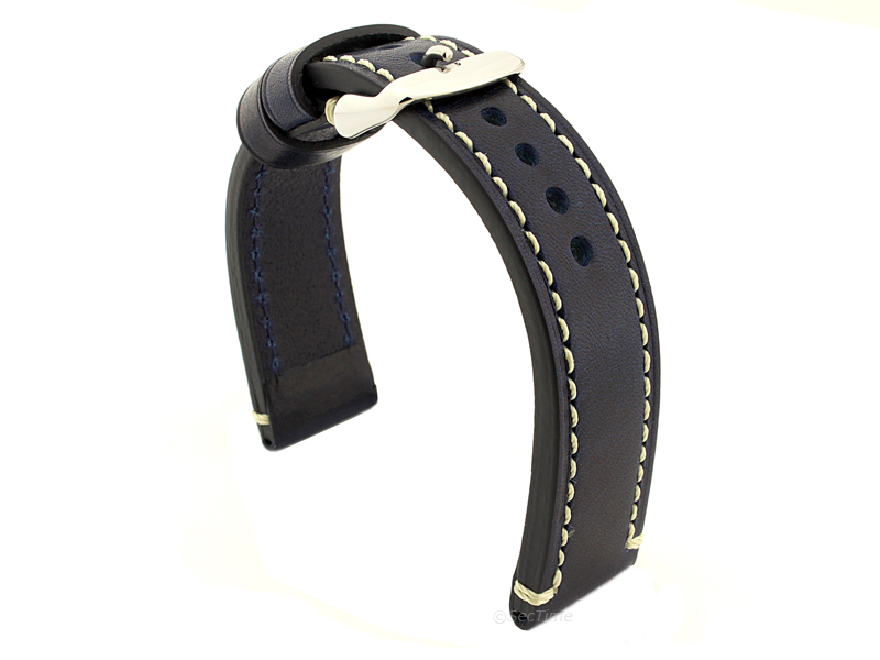 Genuine Leather WATCH STRAP Catalonia WAXED LINING Navy Blue/White 18mm