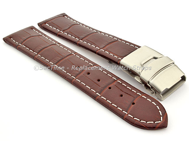 Genuine Leather Watch Band Croco Deployment Clasp Dark Brown / White 26mm