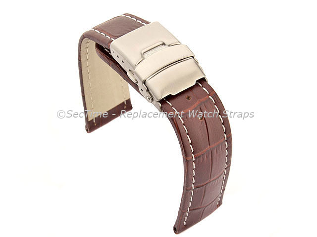 Genuine Leather Watch Strap Croco Deployment Clasp Dark Brown / White 24mm