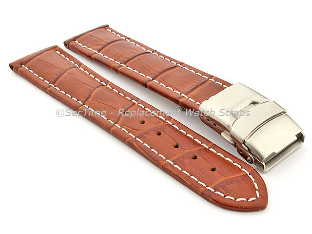 Genuine Leather Watch Strap Croco Deployment Clasp Brown / White 24mm