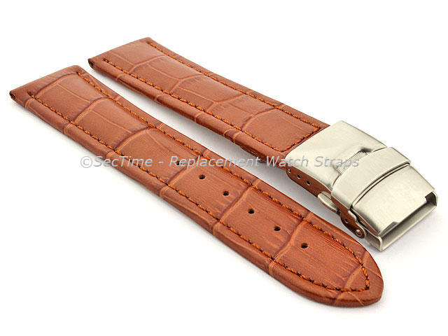 Genuine Leather Watch Strap Croco Deployment Clasp Brown / Brown 20mm