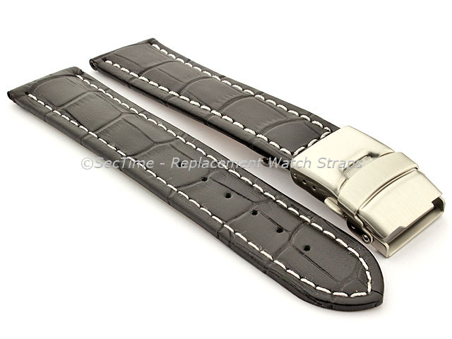 Genuine Leather Watch Band Croco Deployment Clasp Black / White 22mm