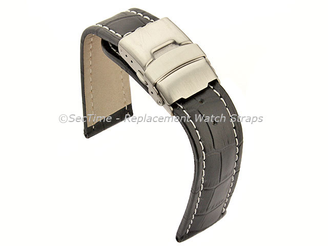 Genuine Leather Watch Strap Croco Deployment Clasp Black / White 20mm