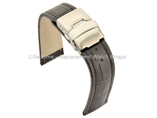 Genuine Leather Watch Strap Band Croco Deployment Clasp Black / Black 18mm