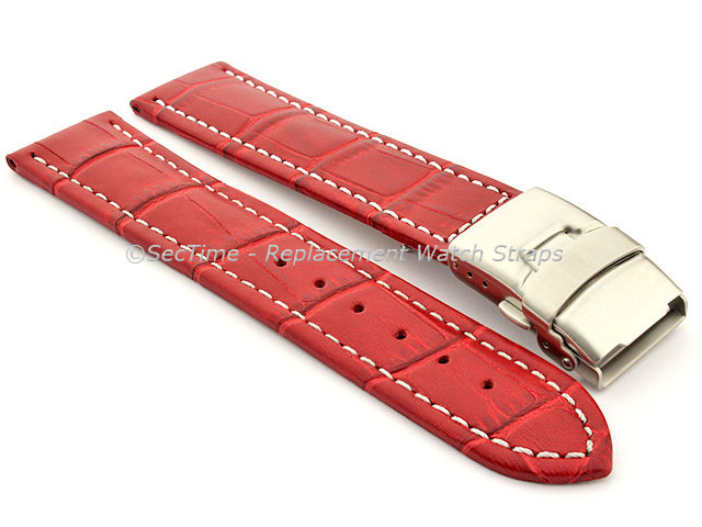 Genuine Leather Watch Strap Croco Deployment Clasp Red / White 24mm