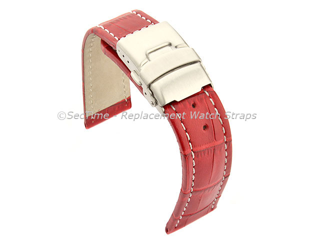 Genuine Leather Watch Band Croco Deployment Clasp Red / White 22mm