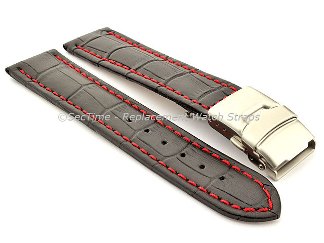 Genuine Leather Watch Band Croco Deployment Clasp Black / Red 26mm