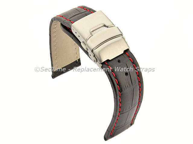 Genuine Leather Watch Band Croco Deployment Clasp Black / Red 22mm