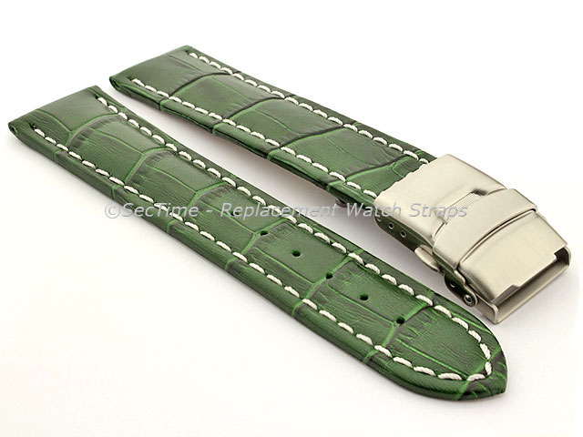 Genuine Leather Watch Band Croco Deployment Clasp Glossy Green / White 22mm