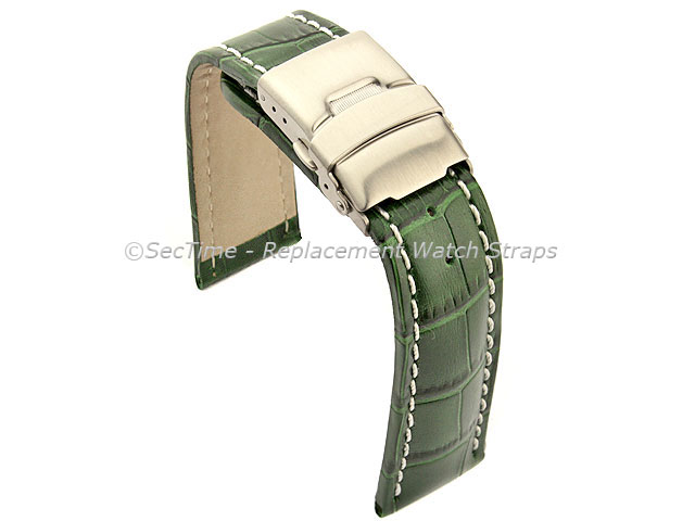 Genuine Leather Watch Band Croco Deployment Clasp Glossy Green / White 22mm