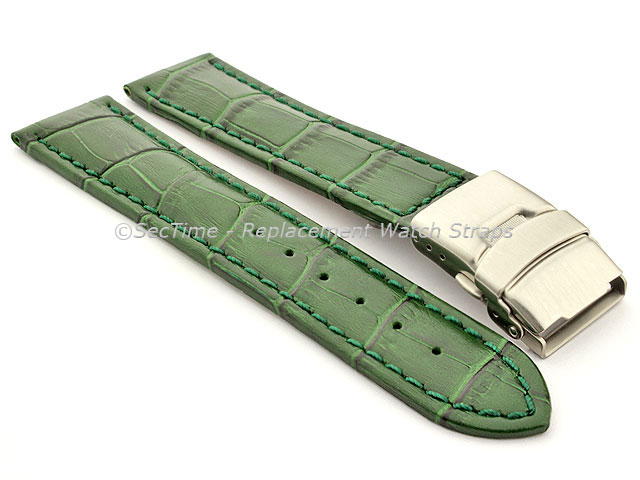 Genuine Leather Watch Band Croco Deployment Clasp Glossy Green / Green 26mm