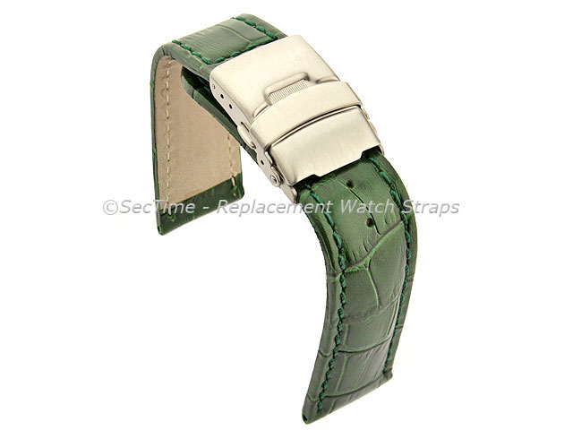 Genuine Leather Watch Band Croco Deployment Clasp Glossy Green / Green 22mm