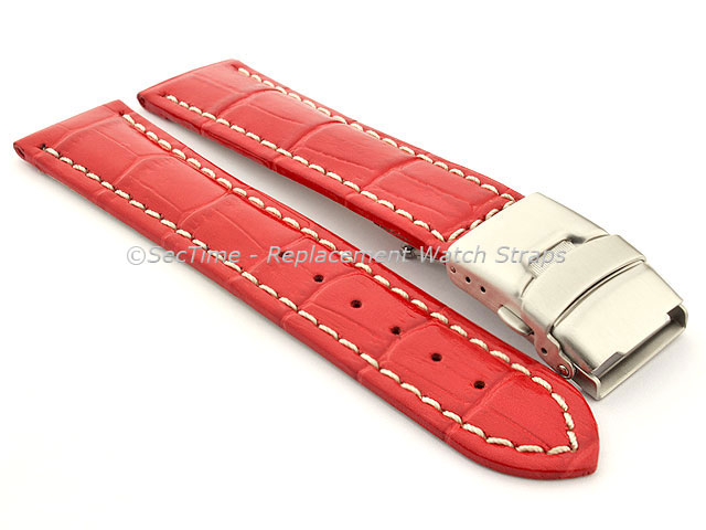 Genuine Leather Watch Strap Croco Deployment Clasp Glossy Red / White 24mm