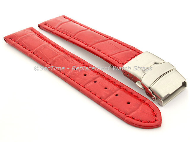 Genuine Leather Watch Band Croco Deployment Clasp Glossy Red / Red 22mm