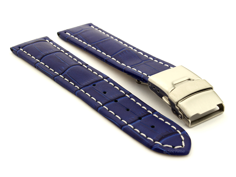 Genuine Leather Watch Band Croco Deployment Clasp Blue / White 22mm