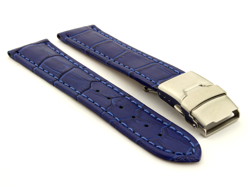 Genuine Leather Watch Strap Band Croco Deployment Clasp Blue / Blue 18mm