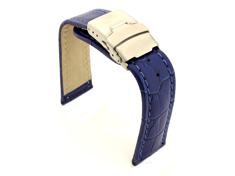 Genuine Leather Watch Strap Band Croco Deployment Clasp Blue / Blue 18mm