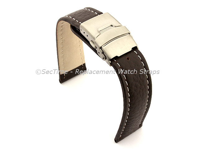 Genuine Leather Watch Strap Freiburg Deployment Clasp  Dark Brown / White 22mm