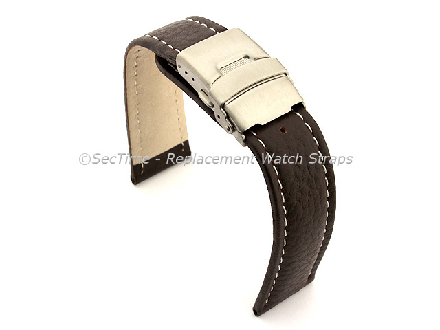 Genuine Leather Watch Strap Freiburg Deployment Clasp  Dark Brown / White 26mm