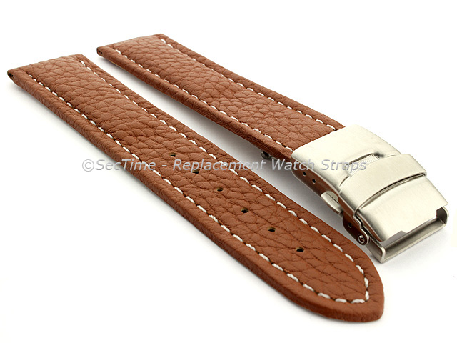 Genuine Leather Watch Strap Freiburg Deployment Clasp  Brown / White 20mm