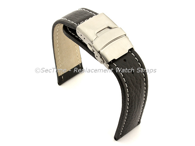 Genuine Leather Watch Strap Freiburg Deployment Clasp  Black / White 24mm