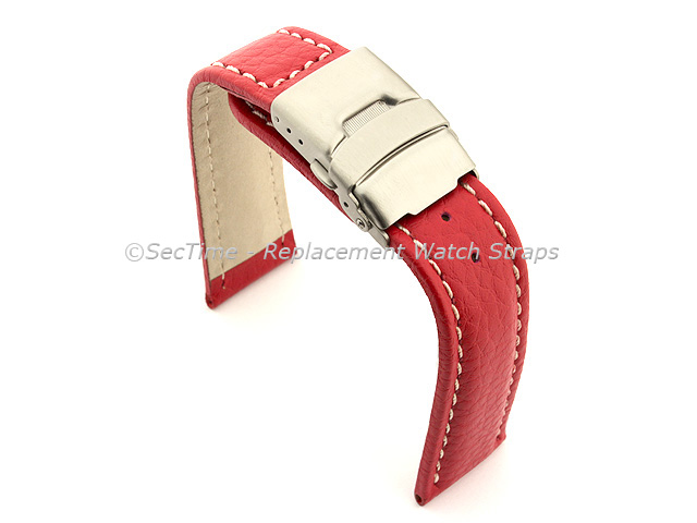 Genuine Leather Watch Strap Freiburg Deployment Clasp  Red / White 22mm