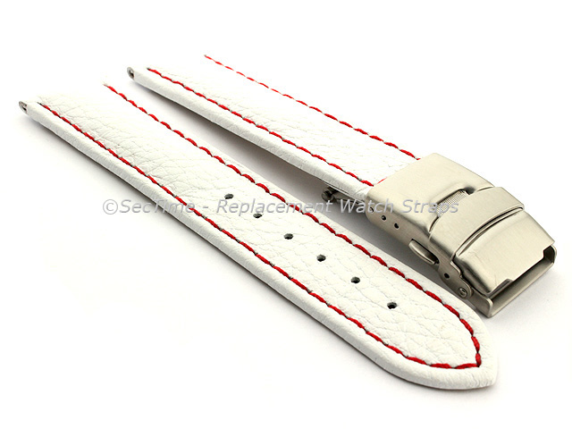 Genuine Leather Watch Strap Freiburg Deployment Clasp  White / Red 22mm