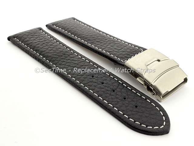 Genuine Leather Watch Strap Freiburg Deployment Clasp  Navy Blue / White 22mm