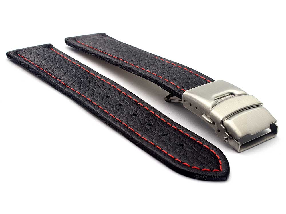 Genuine Leather Watch Strap Freiburg Deployment Clasp  Black / Red 24mm