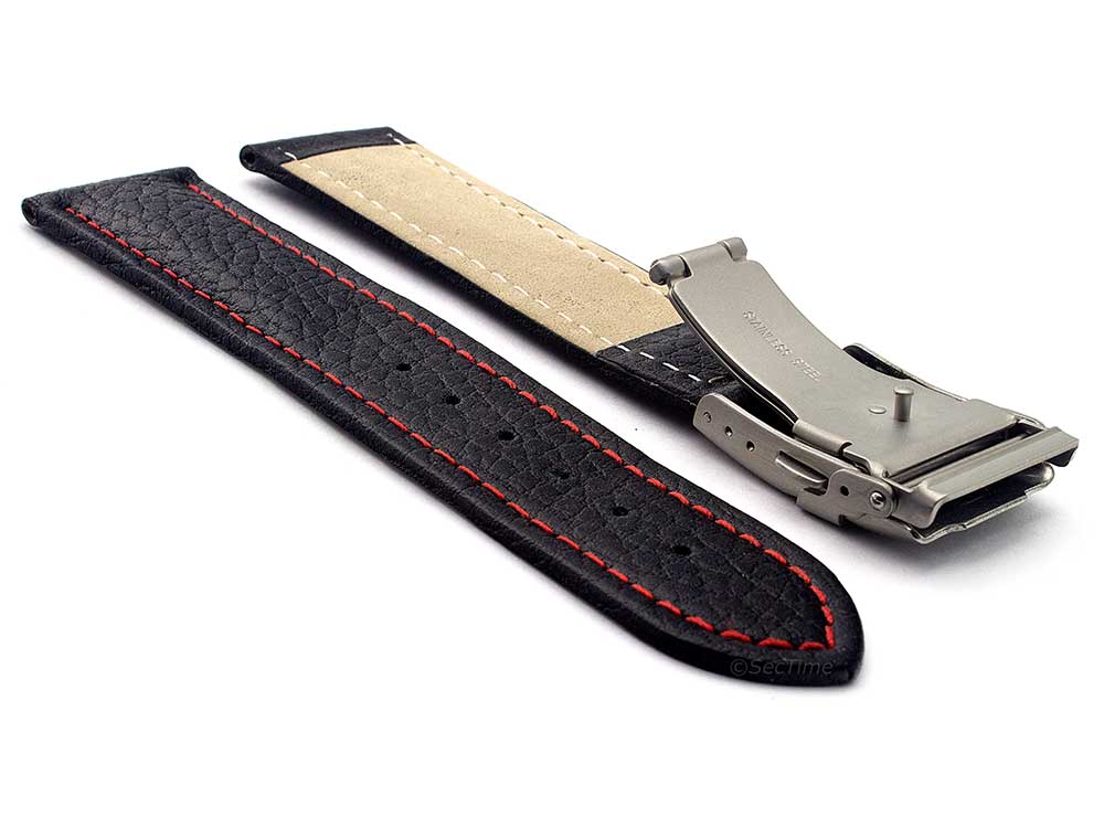 Genuine Leather Watch Strap Freiburg Deployment Clasp  Black / Red 22mm