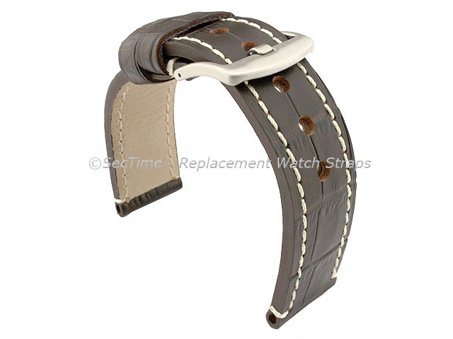 Genuine Leather Watch Strap CROCO GRAND PANOR Dark Brown/White 24mm