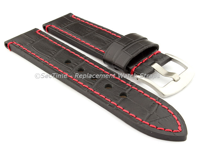 Genuine Leather Watch Strap CROCO GRAND PANOR Black/Red 24mm