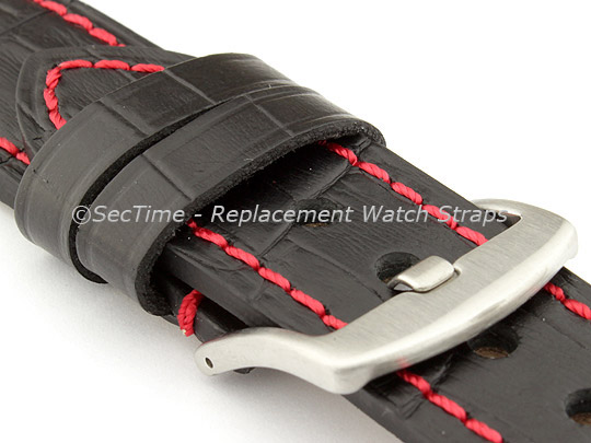 Genuine Leather Watch Strap CROCO GRAND PANOR Black/Red 22mm