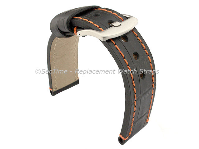 Genuine Leather Watch Strap CROCO GRAND PANOR Black/Orange 24mm