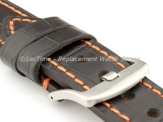 Genuine Leather Watch Strap CROCO GRAND PANOR Black/Orange 20mm