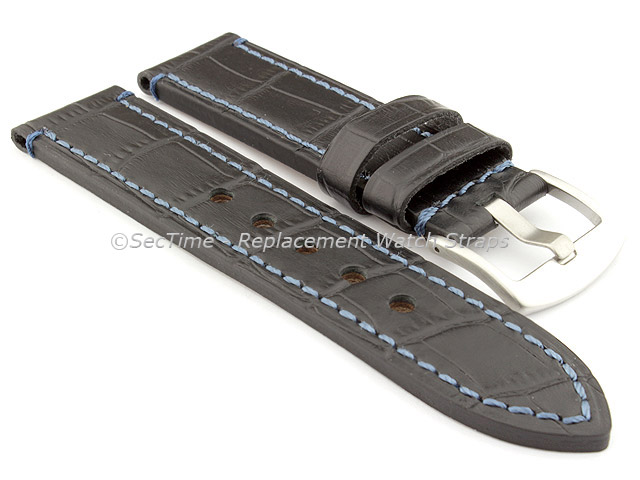 Genuine Leather Watch Strap CROCO GRAND PANOR Black/Blue 22mm