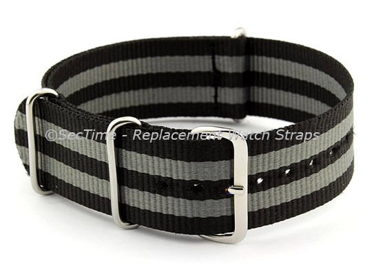 NATO G10 Watch Strap Bond-Style Military Nylon Divers Black/Grey 20mm 