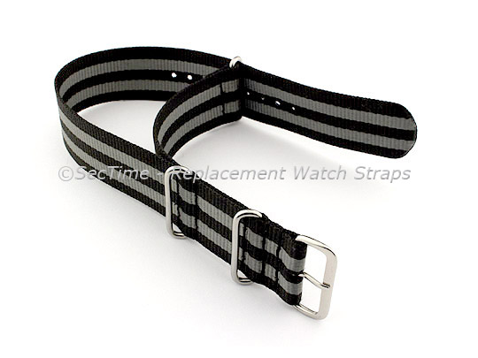 NATO G10 Watch Strap Bond-Style Military Nylon Divers Black/Grey 22mm 