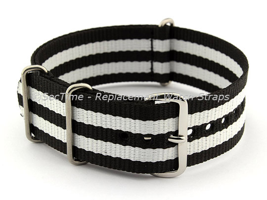 NATO G10 Watch Strap Military Nylon Divers (3 rings) Black/White 24mm 