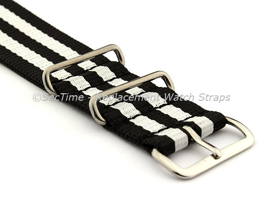 NATO G10 Watch Strap Military Nylon Divers (3 rings) Black/White 22mm 