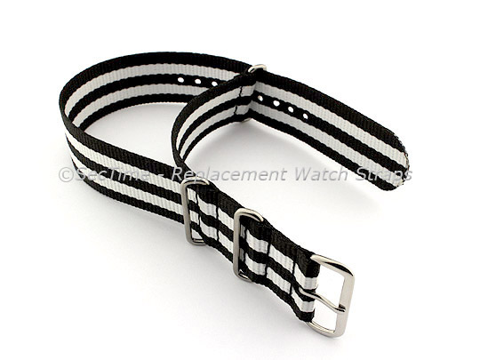 NATO G10 Watch Strap Military Nylon Divers (3 rings) Black/White 20mm 