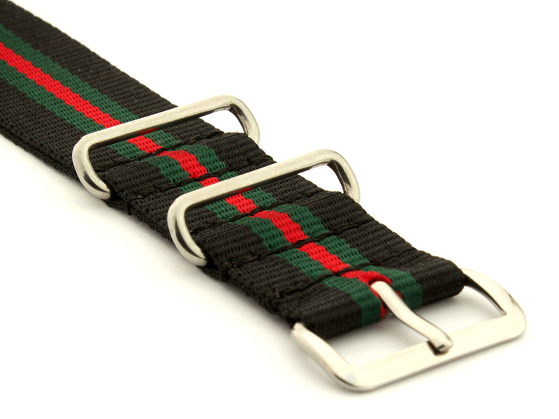 NATO G10 Watch Strap Military Nylon Divers (3 rings) Black/Green/Red 20mm 