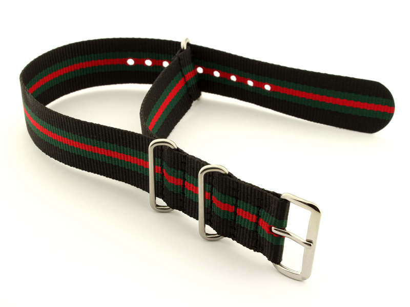 NATO G10 Watch Strap Military Nylon Divers (3 rings) Black/Green/Red 24mm 