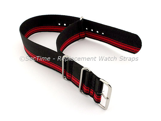 NATO G10 Watch Strap Military Nylon Divers (3 rings) Black/Red (A) 24mm 