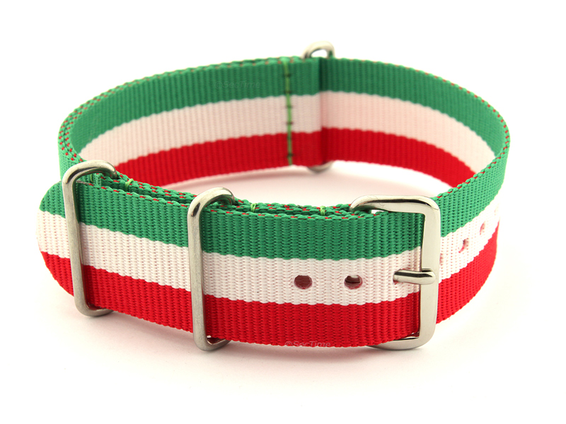 NATO G10 Watch Strap Military Nylon Divers 3 rings Green/White/Red (Italy) 20mm 