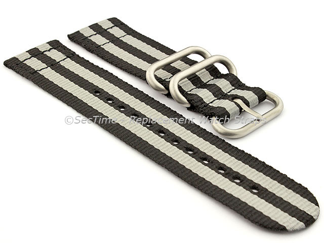 TWO-PIECE NATO Nylon Watch Strap Bond-Style Brushed Rings Black/Grey 20mm