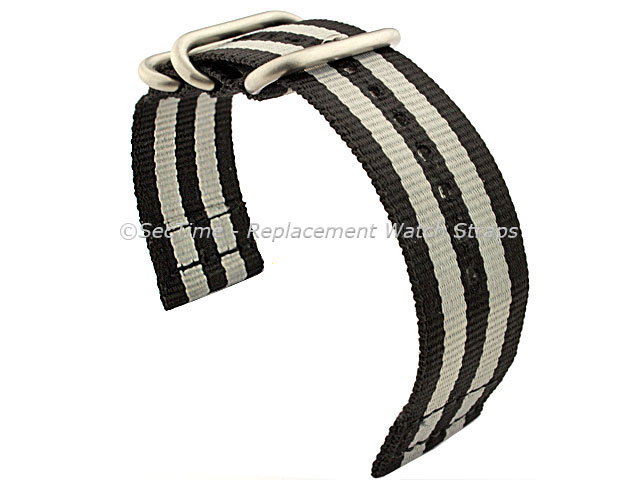 TWO-PIECE NATO Nylon Watch Strap Bond-Style Brushed Rings Black/Grey 20mm