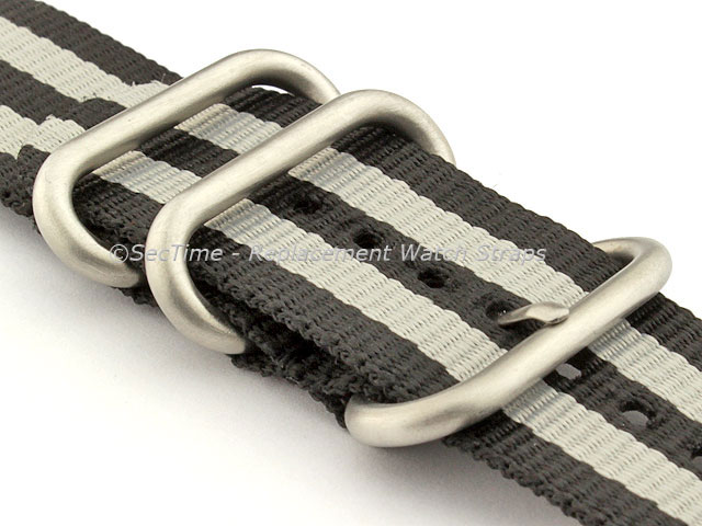 TWO-PIECE NATO Nylon Watch Strap Bond-Style Brushed Rings Black/Grey 26mm