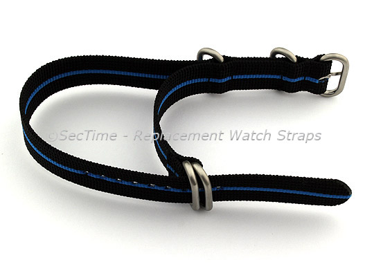 18mm Black/Blue - Nylon Watch Strap/Band Strong Heavy Duty (4/5 rings) Military